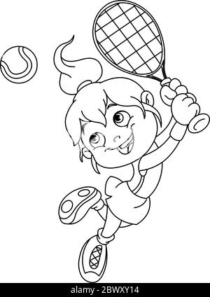 Outlined young girl playing tennis. Vector illustration coloring page. Stock Vector