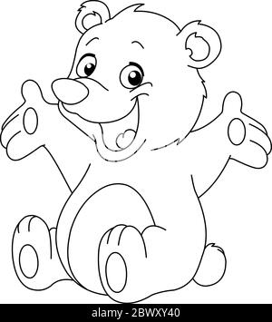 Outlined happy teddy bear raising his arms. Coloring page Stock Vector