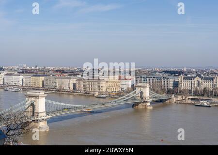 View of Szenchenyi Chain bridge over Danube river in Budapest winter Stock Photo