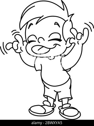Outlined kid making a face and showing his tongue. Vector line art illustration coloring page. Stock Vector