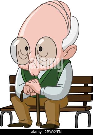 Old man with a cane sitting on a wooden bench Stock Vector