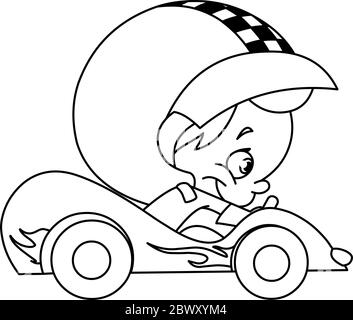 Outlined young kid driving a race car. Vector line art illustration coloring page. Stock Vector