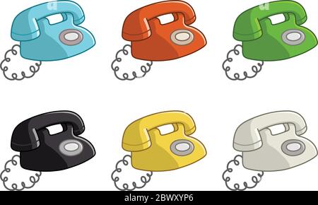 Old vintage telephone in six color versions Stock Vector