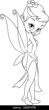 Outlined beautiful fairy. Vector line art illustration coloring page. Stock Vector