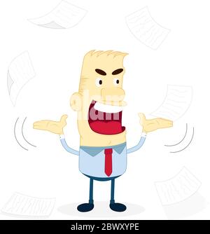 Stressed and workaholic  businessman throwing, nervously, papers in the air. White Background. Stock Vector