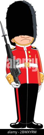 Character design of a Queen's Guard in traditional uniform, British soldier isolated on white. Stock Vector