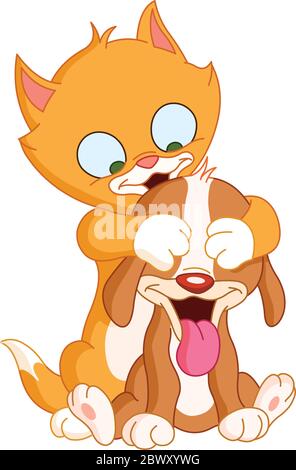 Cat and puppy playing peek a boo Stock Vector