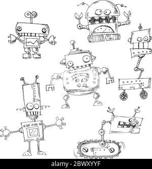 Hand drawn robot doodles isolated Stock Vector