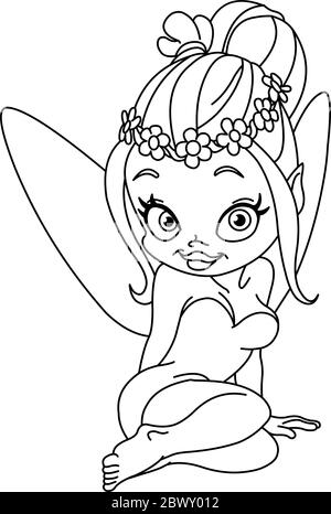 Outlined fairy with floral head wreath Stock Vector