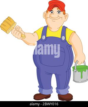 Friendly chubby house painter with a bucket and paintbrush Stock Vector