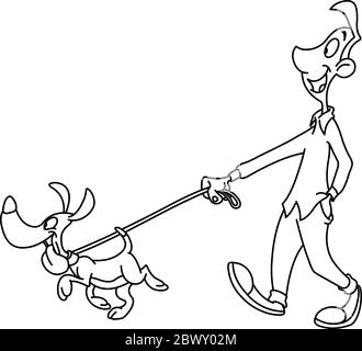 Outlined man walking dog. Vector line art illustration coloring page. Stock Vector