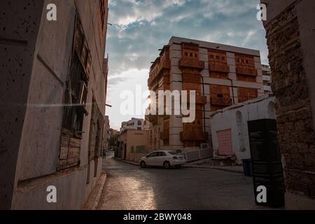 Historic City of Jeddah, old Houses , in a cloudy sky Saudi Heritage. Jeddah, Saudi Arabi 2020 Stock Photo