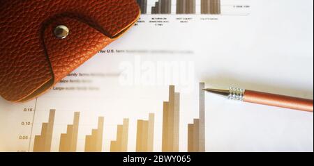 Charts and graphs with pen and leather wallet on it. Reflection light. Business Concept of data gathering and statistical working Stock Photo