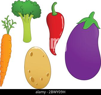 Vegetable set: carrot, broccoli, chili pepper, eggplant and potato Stock Vector