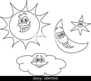 Outlined sun moon star and cloud set Stock Vector