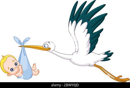 Stork carrying a baby boy Stock Vector