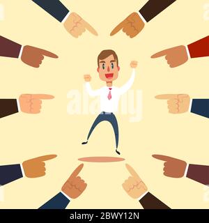 Happy and proud businessman with many pointing hands around him. Stock Vector