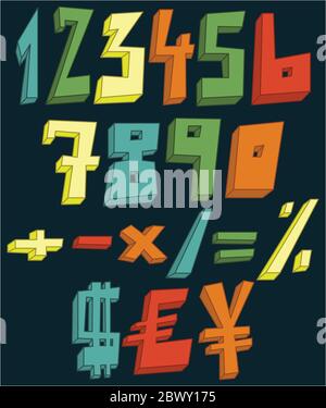 Colorful 3d numbers, math and currency signs set Stock Vector