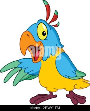 Cartoon parrot presenting with his wing Stock Vector