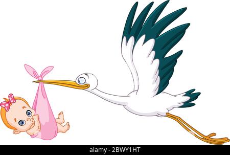 Stork carrying a baby girl Stock Vector