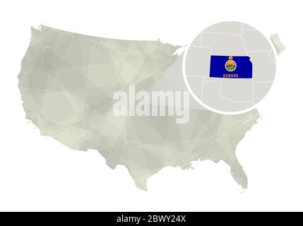 Polygonal abstract USA map with magnified Kansas state. Kansas state map and flag. US and Kansas vector map. Vector Illustration. Stock Vector