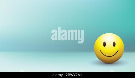 High quality emoticon vector illustration on blue wall background. Emoji smiling.Yellow face smiling with eyes.Smiley ball. 3D emoji. Stock Vector