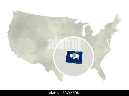 Polygonal abstract USA map with magnified Wyoming state. Wyoming state map and flag. US and Wyoming vector map. Vector Illustration. Stock Vector