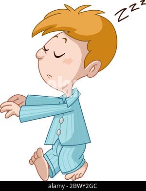 Cartoon kid boy sleep at night, wake up at morning. Child in bed and ...