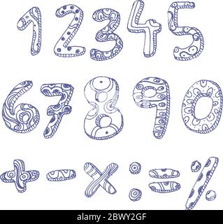 Hand drawn doddle numbers and math signs Stock Vector