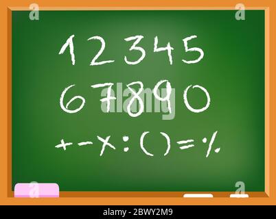 Hand drawn chalk numbers and math signs on a chalkboard Stock Vector