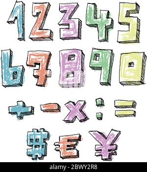 Colorful sketchy hand drawn numbers, math and currency signs Stock Vector