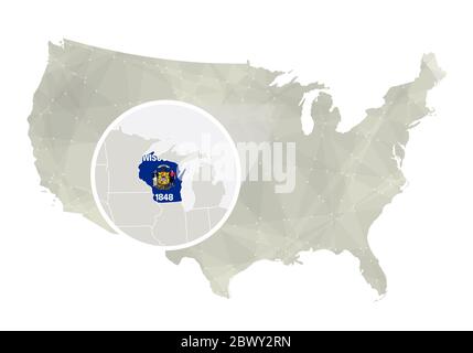 Polygonal abstract USA map with magnified Wisconsin state. Wisconsin state map and flag. US and Wisconsin vector map. Vector Illustration. Stock Vector