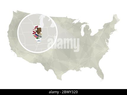 Polygonal abstract USA map with magnified Illinois state. Illinois state map and flag. US and Illinois vector map. Vector Illustration. Stock Vector