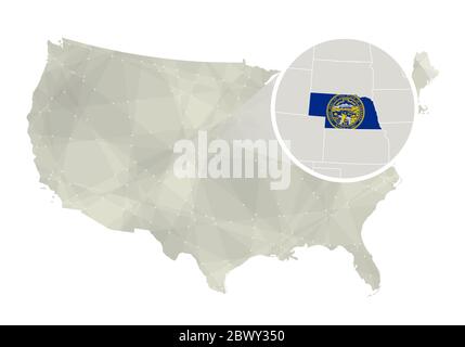 Polygonal abstract USA map with magnified Nebraska state. Nebraska state map and flag. US and Nebraska vector map. Vector Illustration. Stock Vector