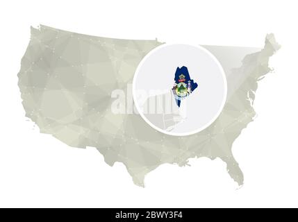 Polygonal abstract USA map with magnified Maine state. Maine state map and flag. US and Maine vector map. Vector Illustration. Stock Vector