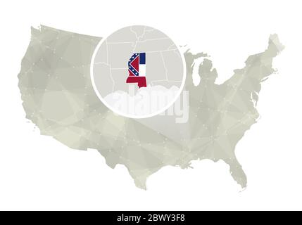 Polygonal abstract USA map with magnified Mississippi state. Mississippi state map and flag. US and Mississippi vector map. Vector Illustration. Stock Vector