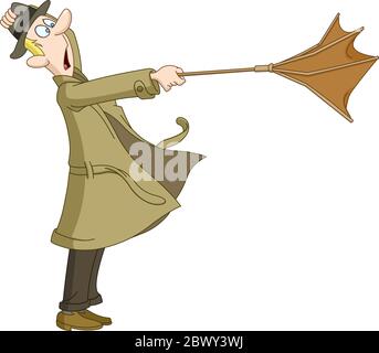 Man trying to hold onto his turned out broken umbrella against the wind Stock Vector