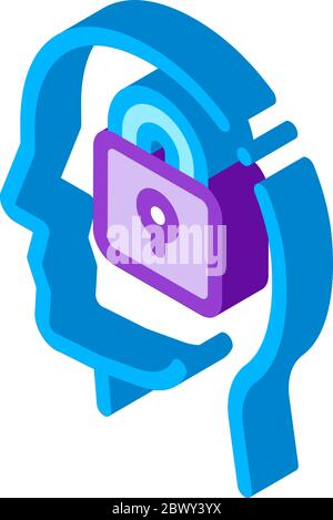 Locked Padlock In Man Silhouette Mind isometric icon Stock Vector