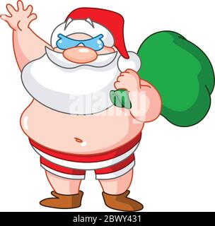 Santa Claus on the beach wearing swimsuit and carrying sack of presents Stock Vector