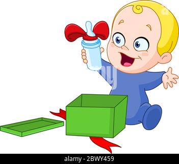 Happy baby holding a bottle he got for Christmas Stock Vector