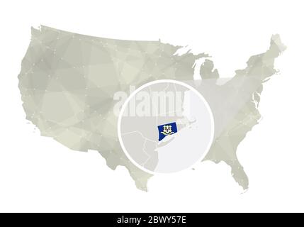 Polygonal abstract USA map with magnified Connecticut state. Connecticut state map and flag. US and Connecticut vector map. Vector Illustration. Stock Vector