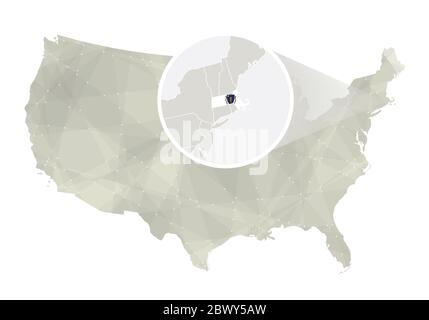 Polygonal abstract USA map with magnified Massachusetts state. Massachusetts state map and flag. US and Massachusetts vector map. Vector Illustration. Stock Vector