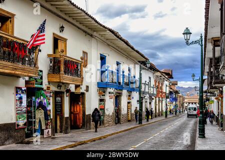 Calle Plateros Leading to Plaza de Armas Square in Cusco Stock Photo