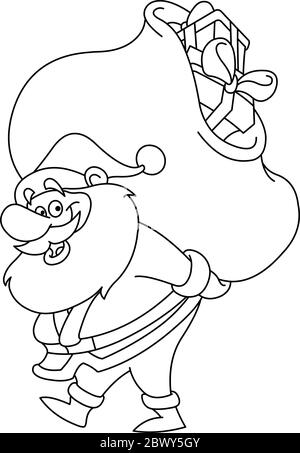 Outlined Santa Claus carrying a big gifts sack on his back. Vector illustration coloring page. Stock Vector