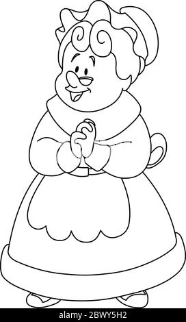 Outlined happy Mrs. Claus. Vector illustration coloring page. Stock Vector