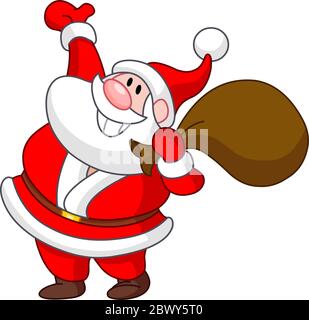 Happy Santa Claus carrying a gift sack and raising his arm Stock Vector