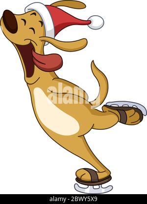 Ice skating dog in Santa’s hat Stock Vector