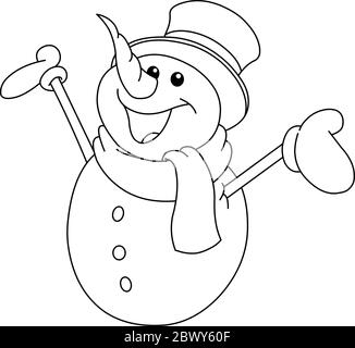 Outlined happy snowman looking up and raising his arms. Vector illustration coloring page. Stock Vector