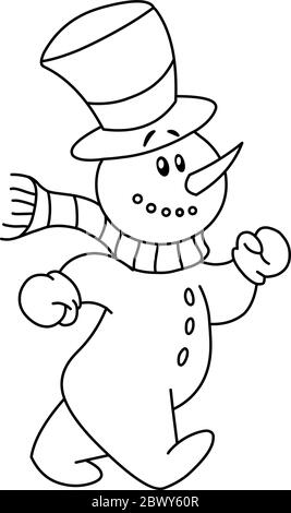 Outlined Cheerful snowman walking. Vector line art illustration coloring page. Stock Vector