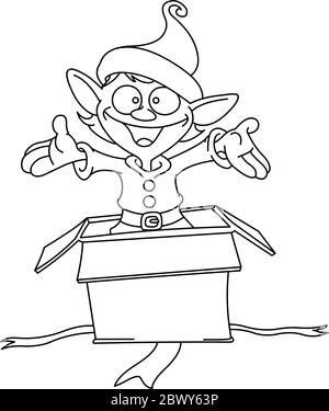 Outlined happy elf popping out of a Christmas gift box. Vector line art illustration coloring page. Stock Vector